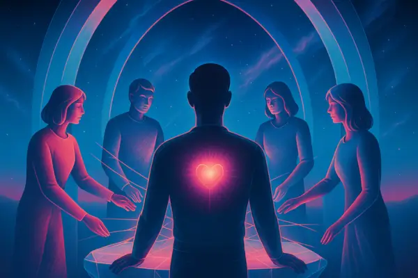 A person standing alone looking at a vast, mystical sky.